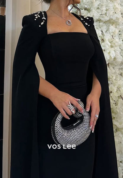Couture & Ornate Long Sleeve Square Rhinestone Mermaid Floor-Length Evening Dresses