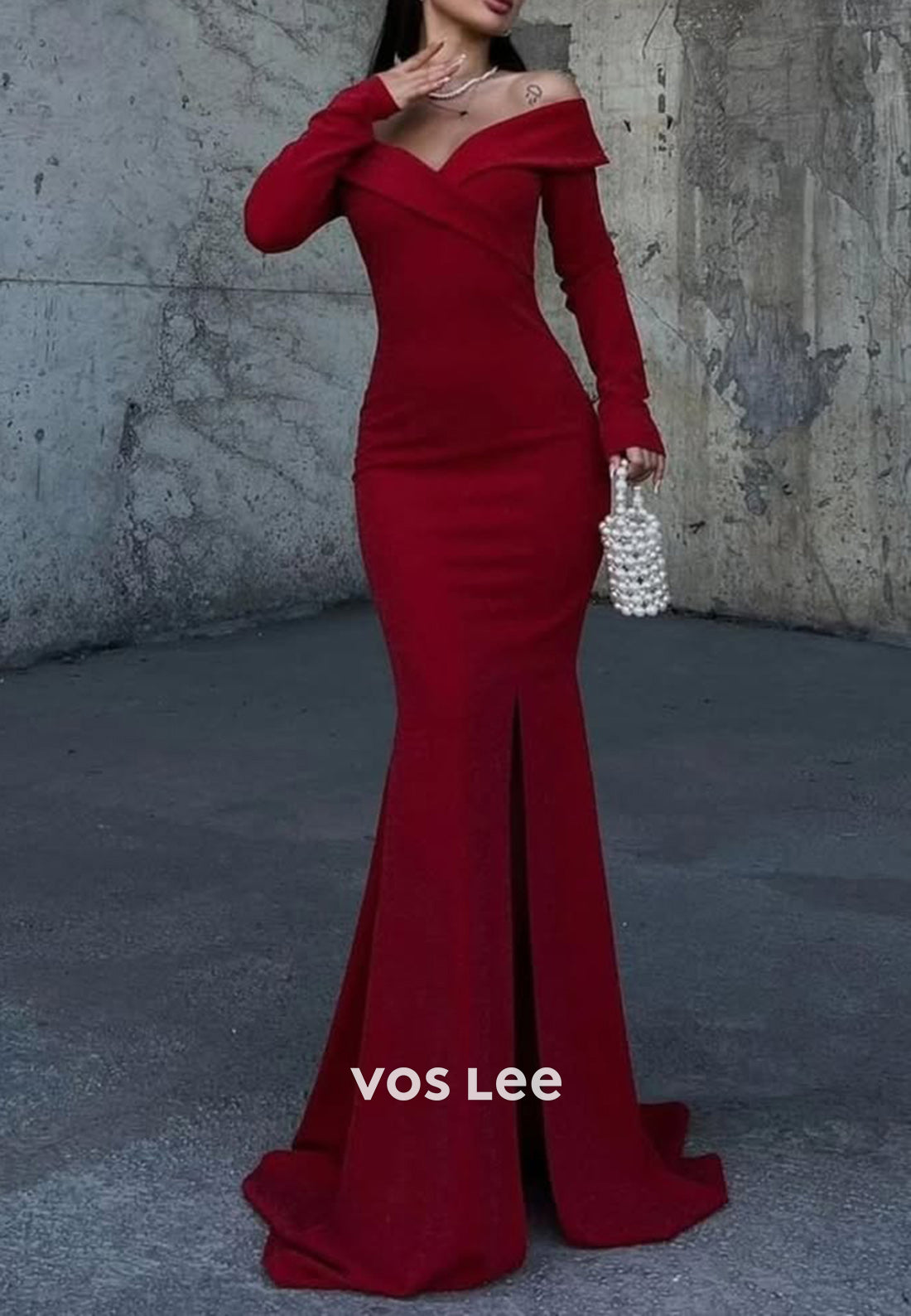 Glamorous Long Sleeve V Neck Pleated Mermaid Evening Dresses with Sweep Train