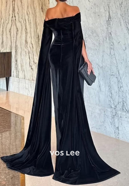 Long Sleeve Off the Shoulder Floor-Length Pleated Sexy Mermaid Evening Dresses
