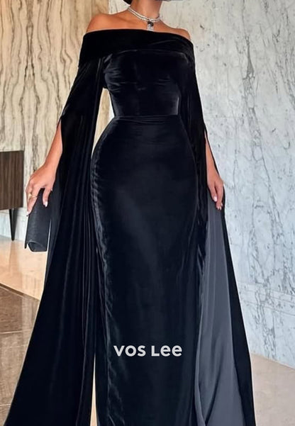 Long Sleeve Off the Shoulder Floor-Length Pleated Sexy Mermaid Evening Dresses