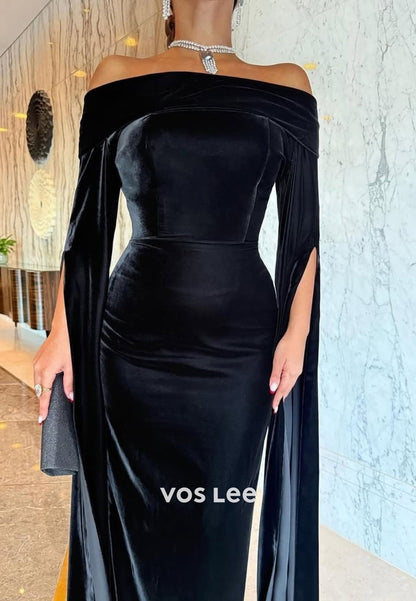 Long Sleeve Off the Shoulder Floor-Length Pleated Sexy Mermaid Evening Dresses