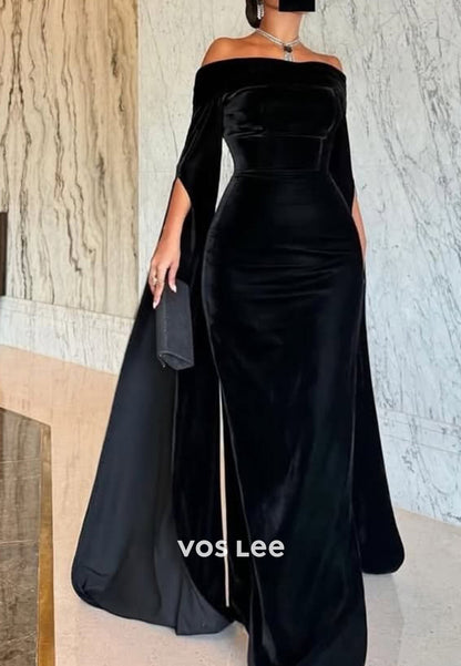 Long Sleeve Off the Shoulder Floor-Length Pleated Sexy Mermaid Evening Dresses