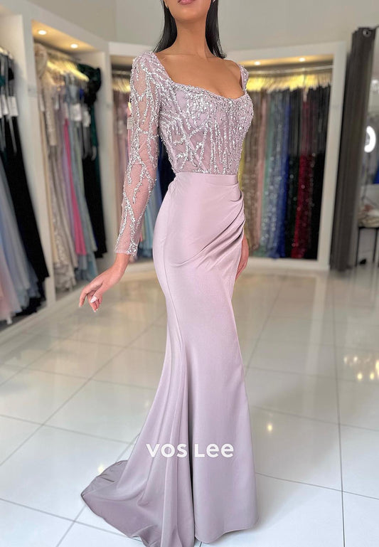 Illusion Cutout Long Sleeves Sweetheart Ruched Mermaid Prom Dresses  with Split