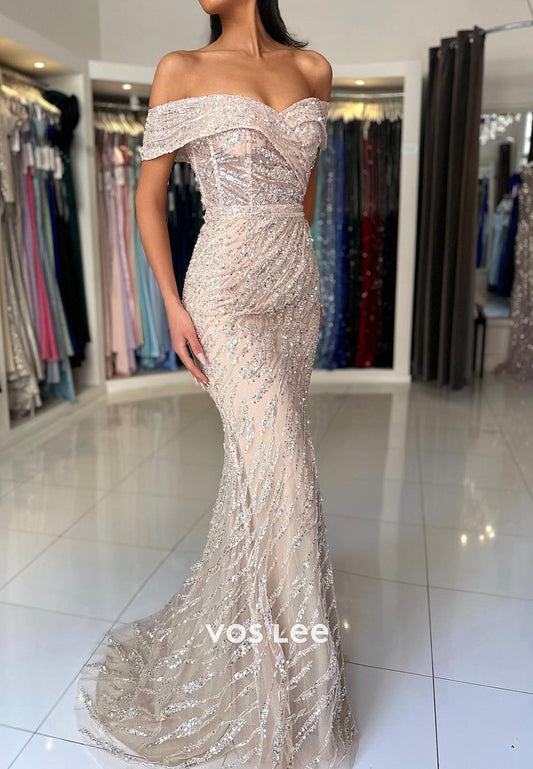 Allover Sequined Off-Shoulder Ruched Mermaid Prom Dresses with Sweep Train