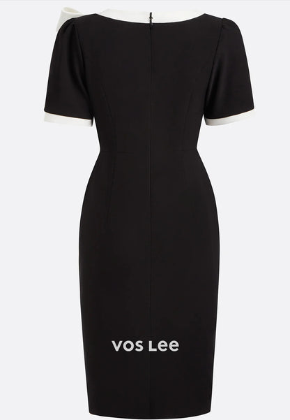 Short Sleeve Scoop Ruched Bowknot Knee-Length Sheath Wedding Guest Dresses