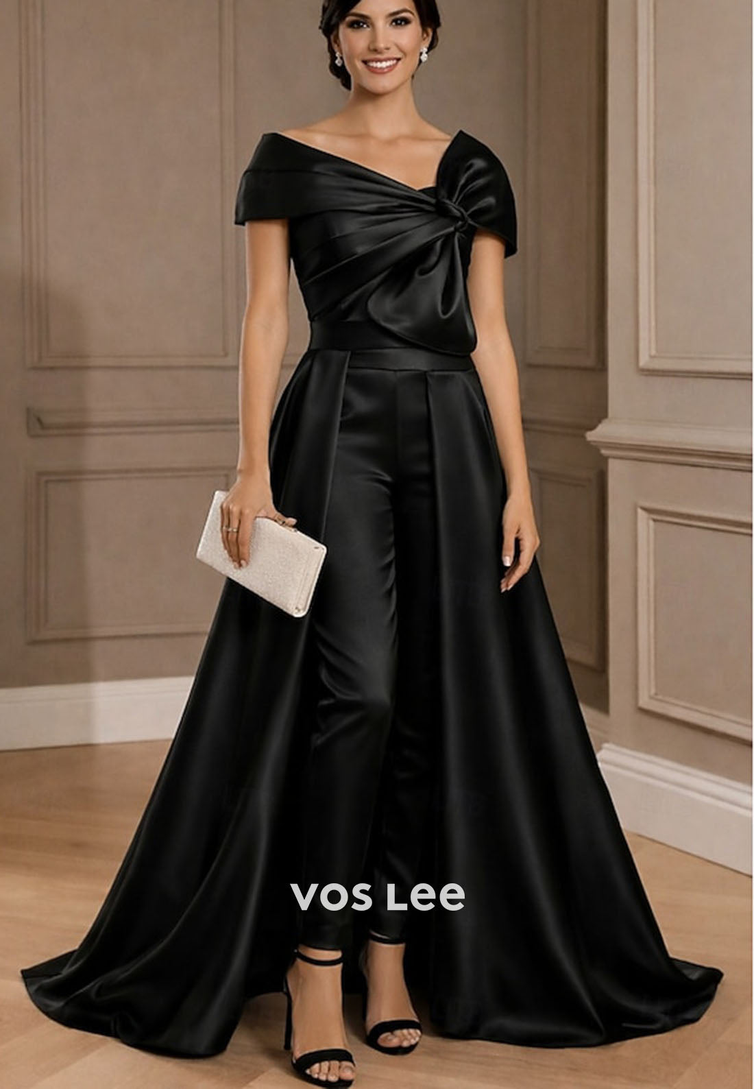 Off-the-Shoulder Jumpsuit with Overskirt Satin Formal Pant Suit for Mother of the Bride