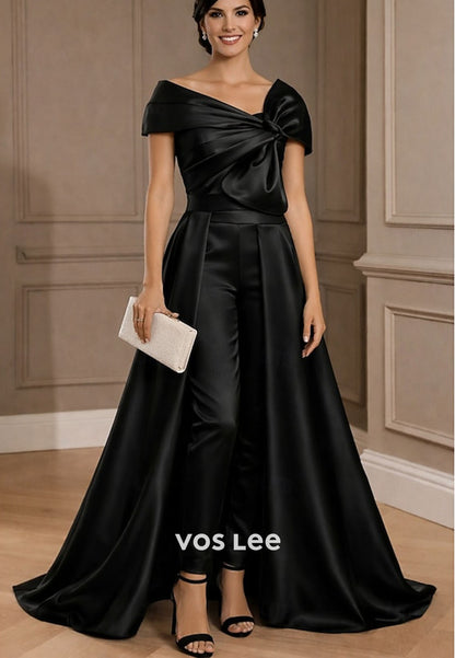 Off-the-Shoulder Jumpsuit with Overskirt Satin Formal Pant Suit for Mother of the Bride