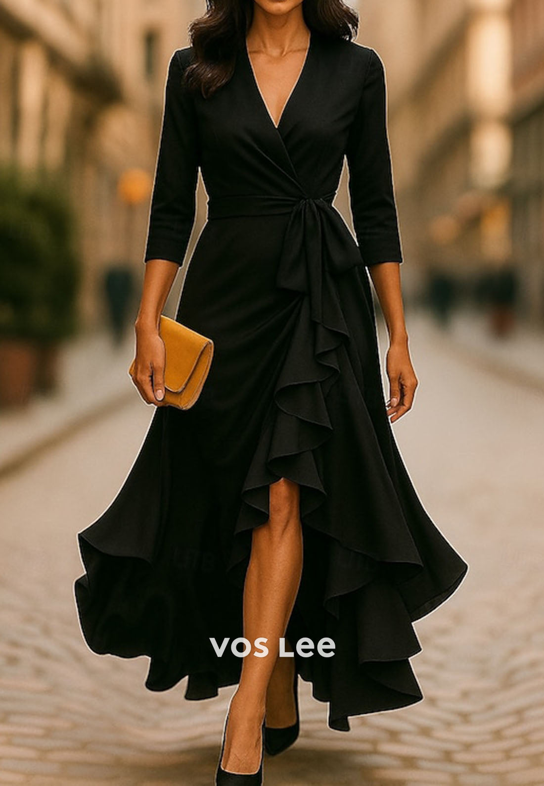 Black Half Sleeves V Neck Split Ruffles A Line Long Wedding Guest Dress