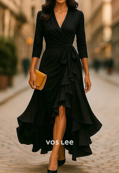 Black Half Sleeves V Neck Split Ruffles A Line Long Wedding Guest Dress