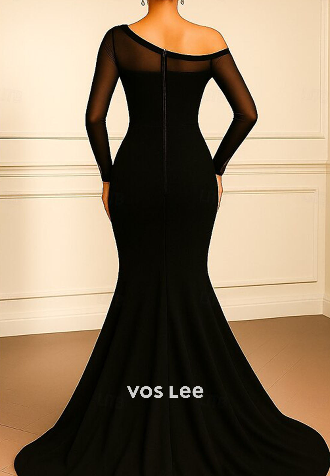 Sheer Long Sleeves One-Shoulder Mermaid Ruffles Evening Dress