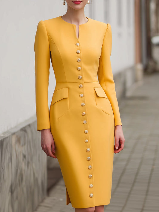 Elegant Golden Button-Front Structured Midi Dress