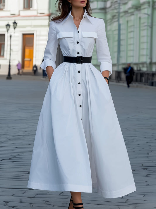 Belted Shirt Maxi Dress With Flared Skirt