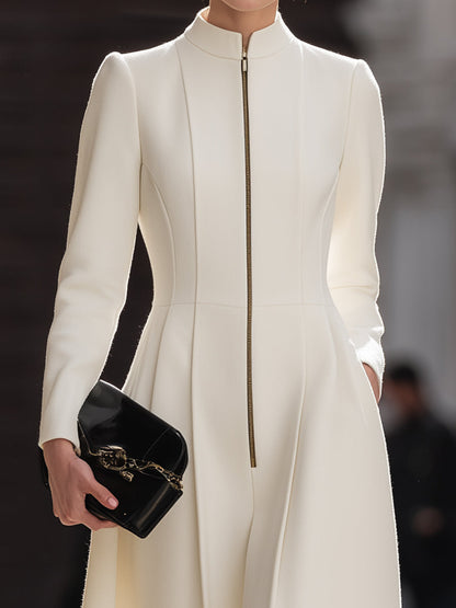 Ivory Zip-Front Midi Dress