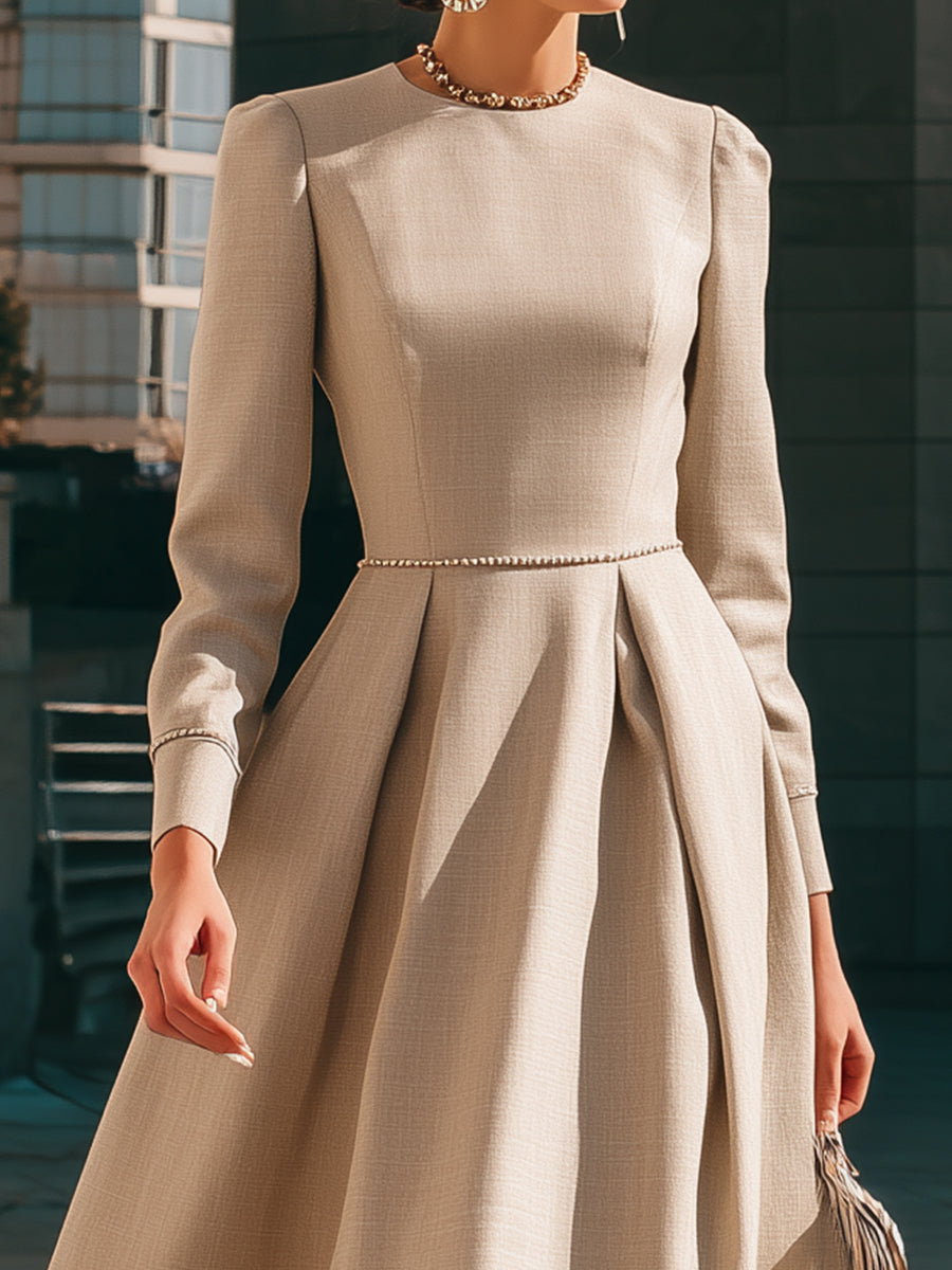 Pleated Midi Dress With Pearl-Trim Waistline