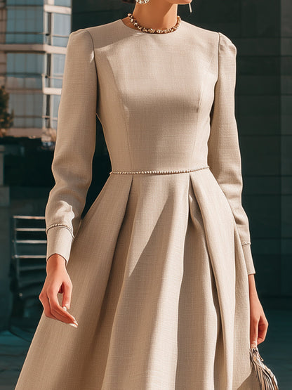 Pleated Midi Dress With Pearl-Trim Waistline