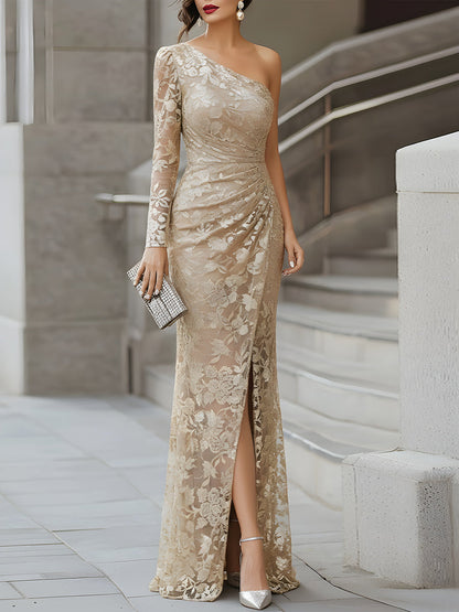 One-Shoulder Lace Evening Gown