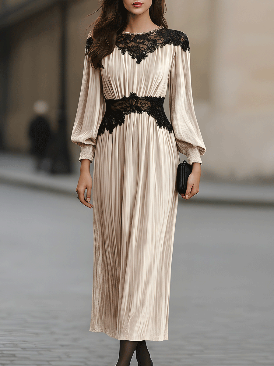 Pleated Velvet Dress With Black Lace Detail