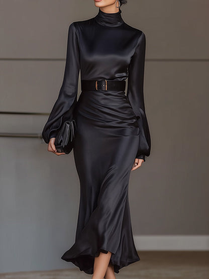 VOS LEE High-Neck Satin Midi Dress With Belted Waist