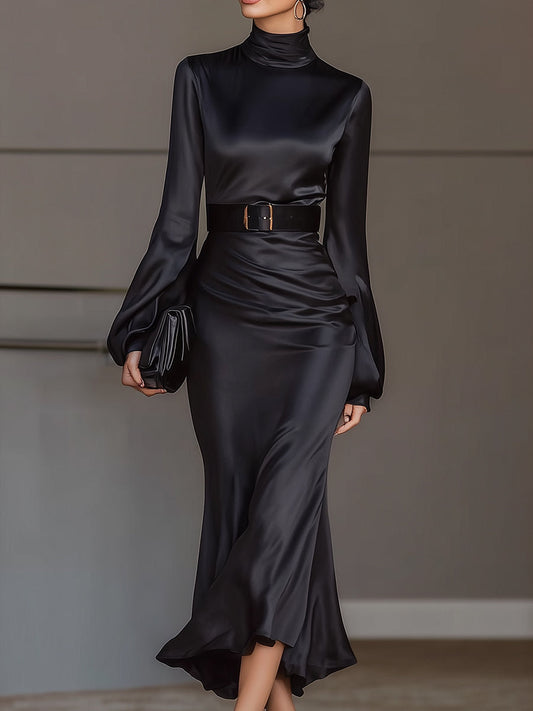 VOS LEE High-Neck Satin Midi Dress With Belted Waist
