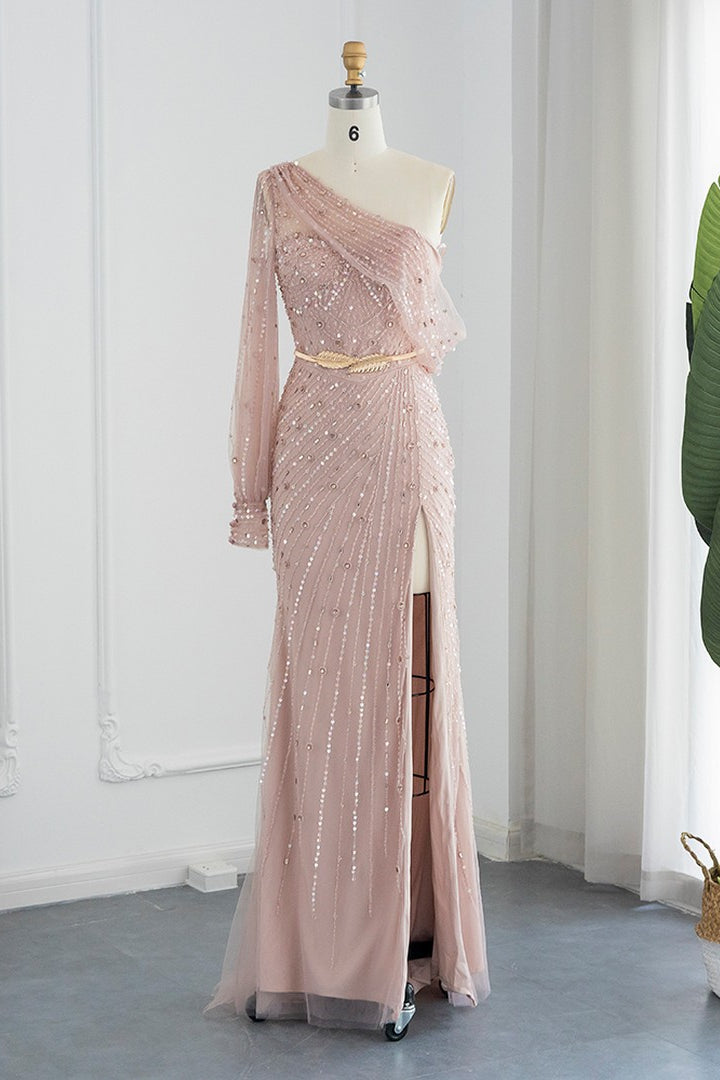 Pink Mermaid One Shoulder Evening Dress Side Split With Appliques Sequins