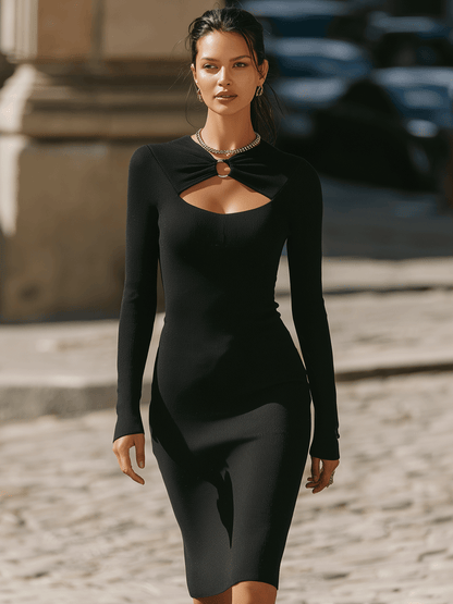 Black Utout Long-Sleeve Bodycon Dress