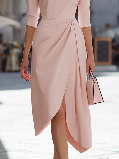 Elegant Blush Pink Draped Midi Dress