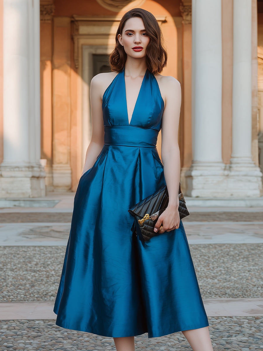 Halter V-Neck Pleated Midi Dress