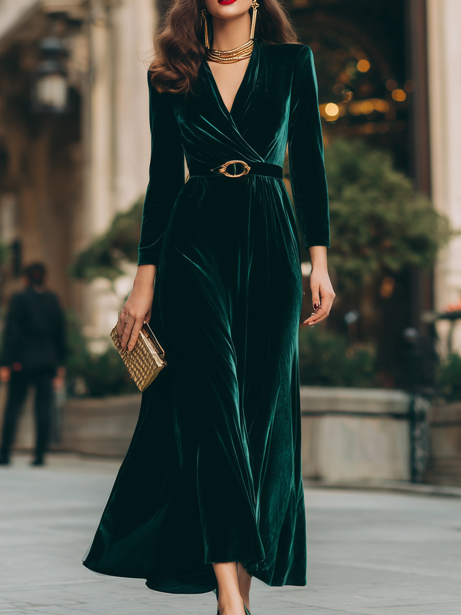 Luxurious Velvet Emerald Green Wrap Dress