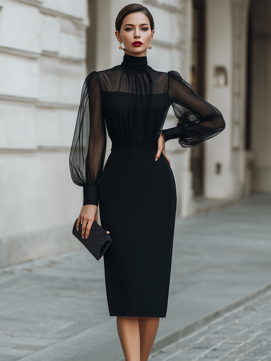 High-Neck Sheer Sleeve Tailored Midi Dress