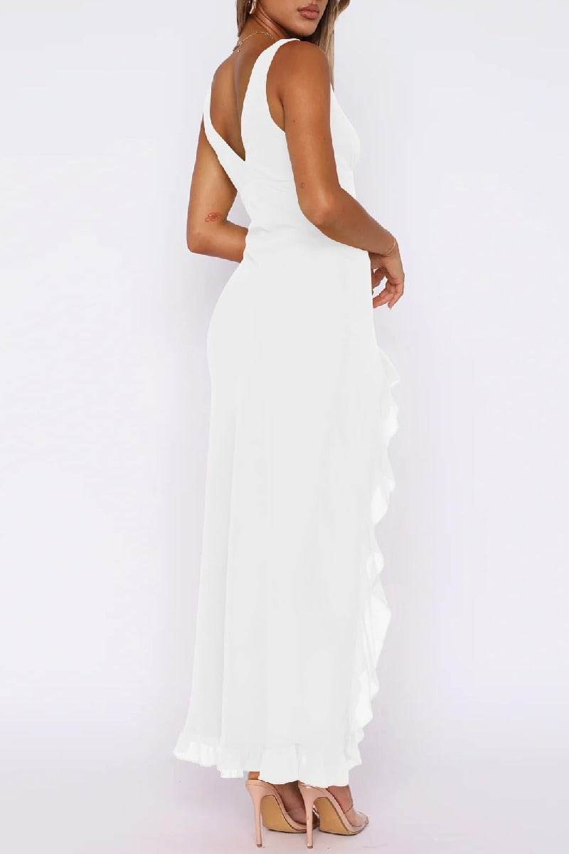 Flowy White Maxi Dress with Ruffle Slit for Wedding Guest