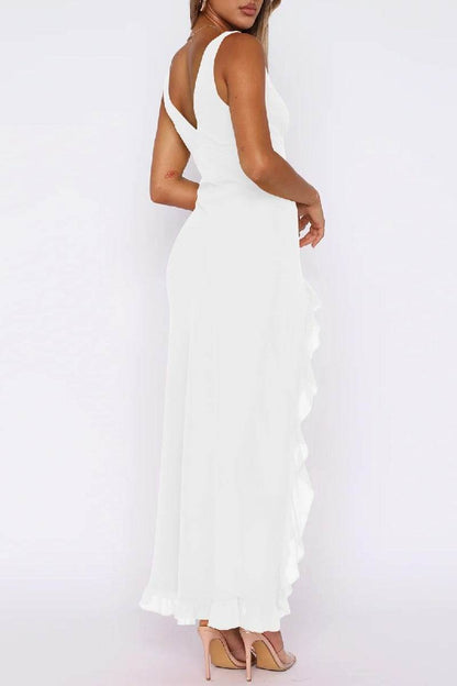 Flowy White Maxi Dress with Ruffle Slit for Wedding Guest