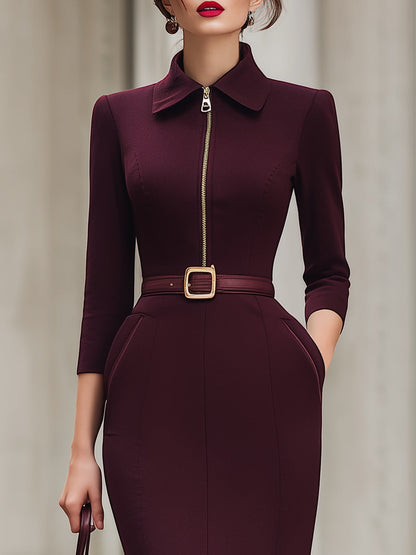 Elegant Burgundy Belted Midi Dress With Zipper Detail