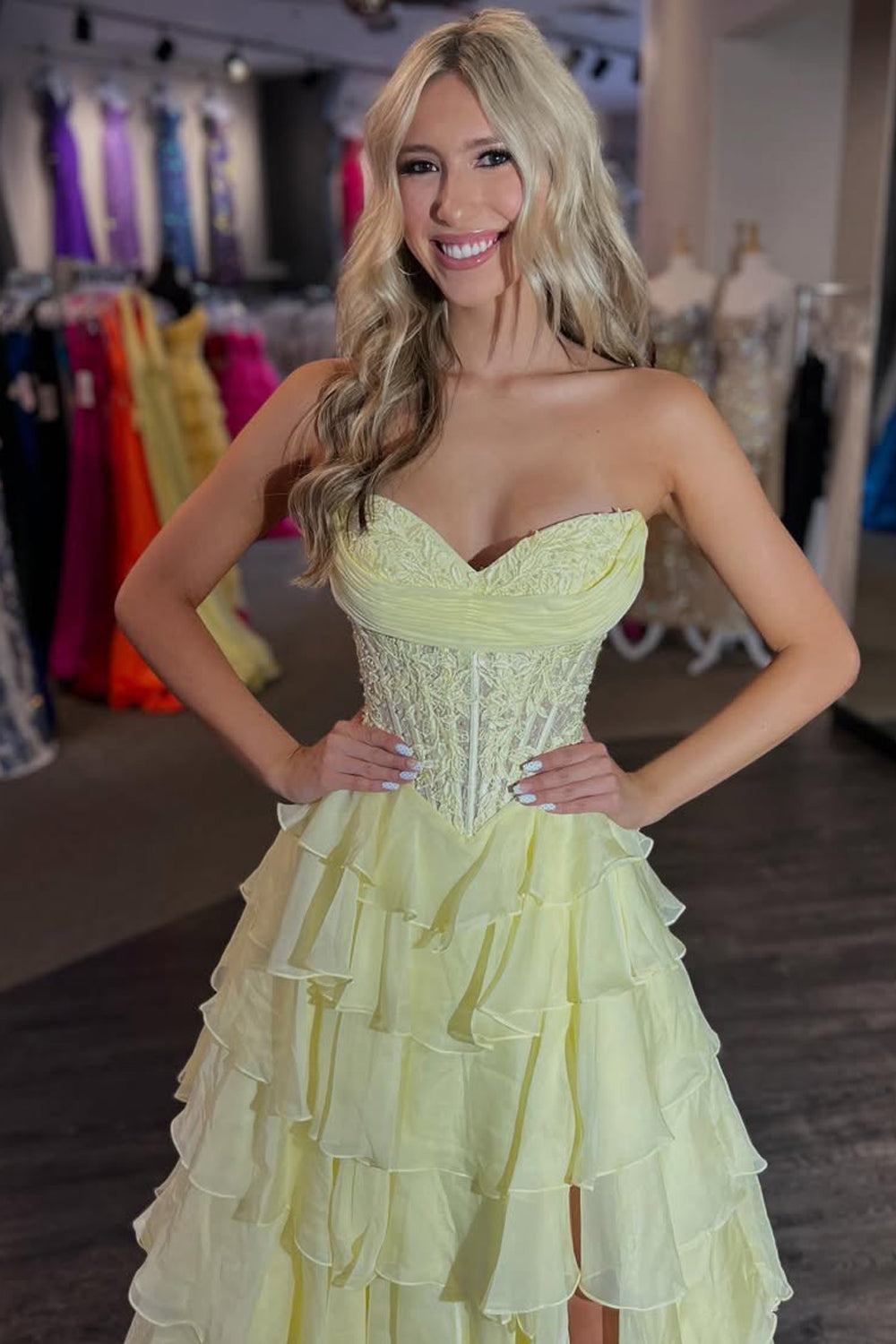 Cute A Line Sweetheart Daffodil Chiffon Tiered Prom Dress with Appliques