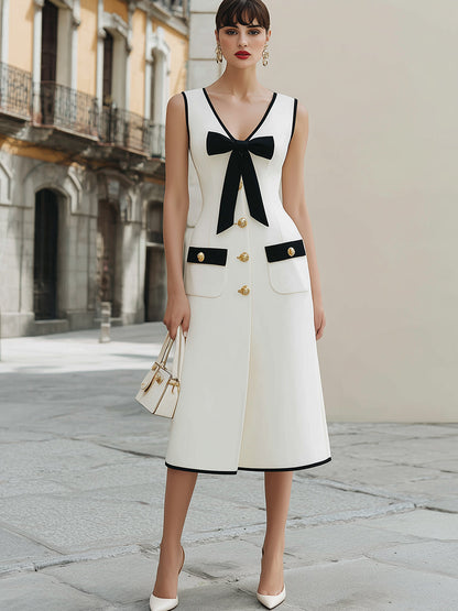 Elegant White Black Contrast Bow Midi Dress