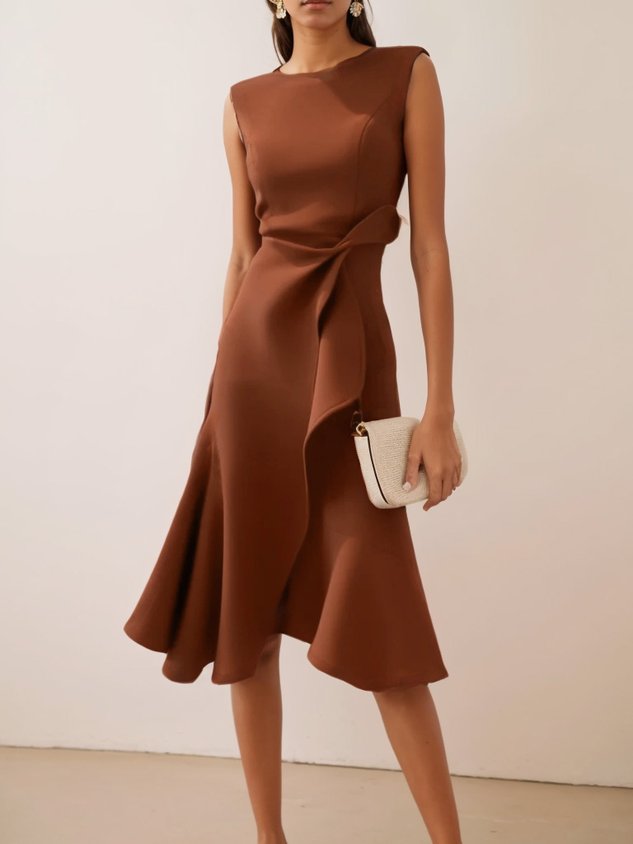 Red Sleeveless Midi Elegant A-line Dress