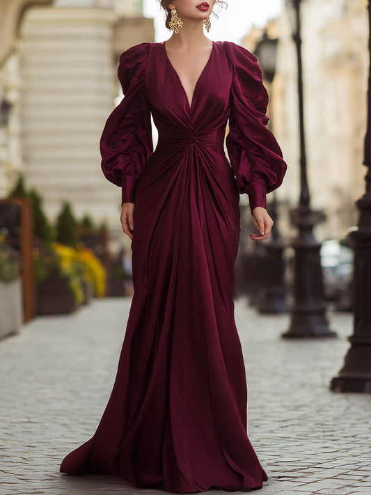 VOS LEE Burgundy Draped Gown With Statement Puff Sleeves