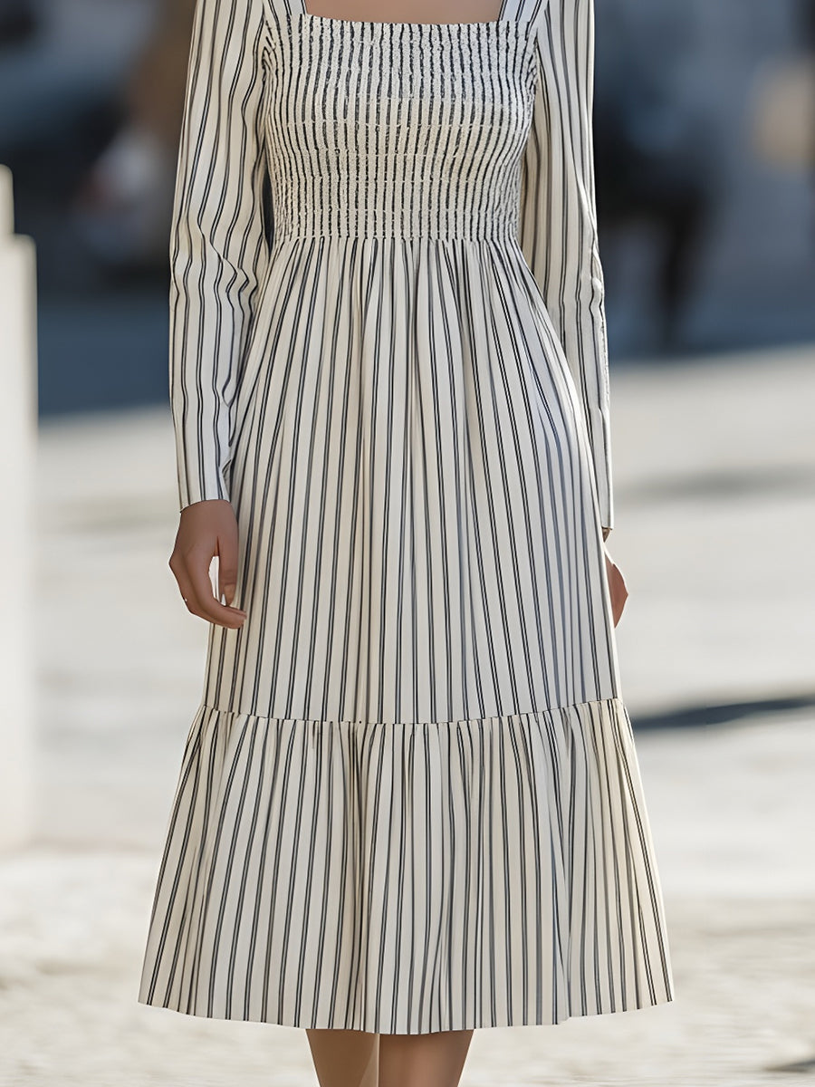 Striped Smocked Bodice Midi Dress