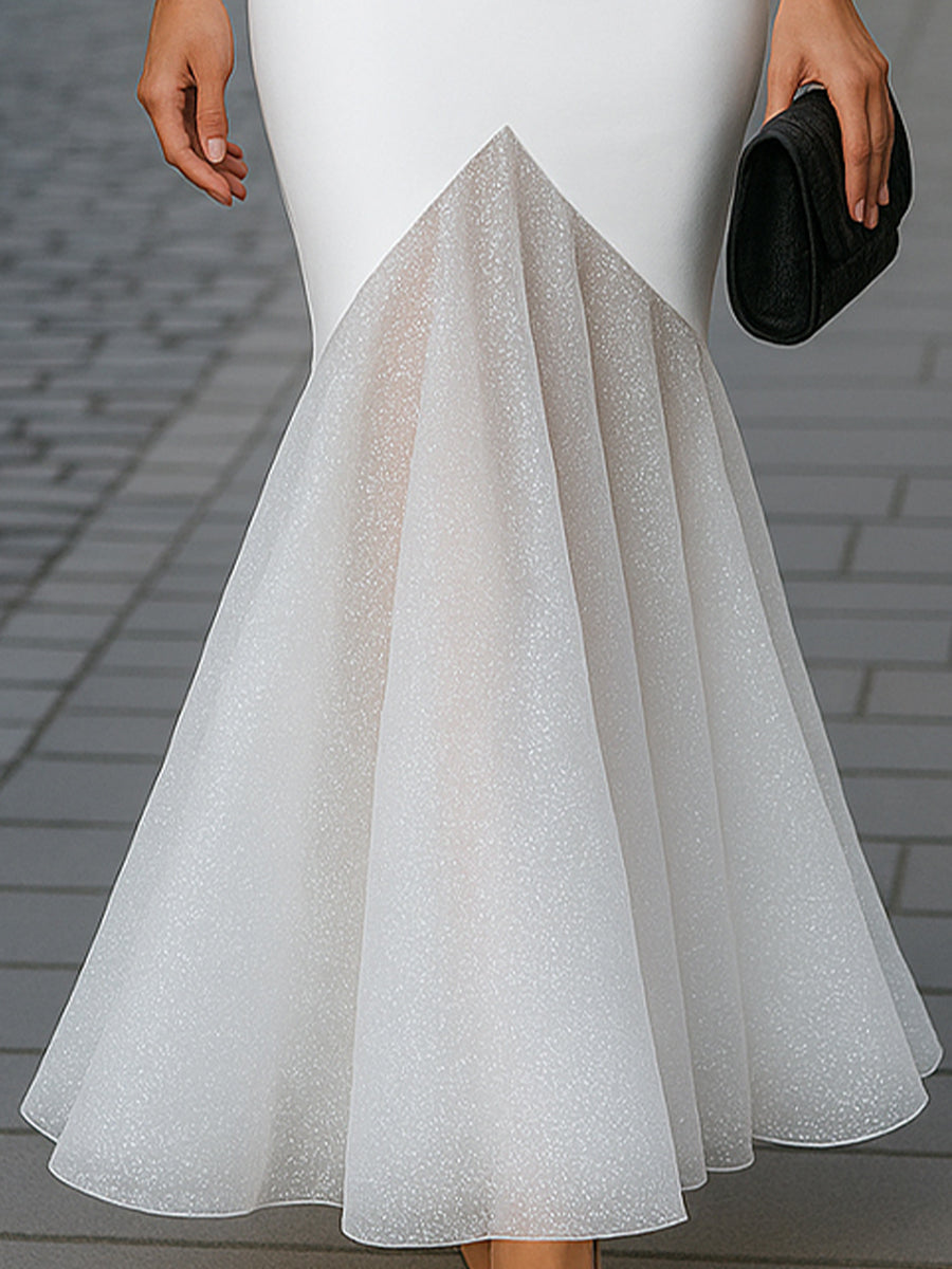 Elegant White Glitter Mesh Mermaid Dress Wedding Guest Dresses