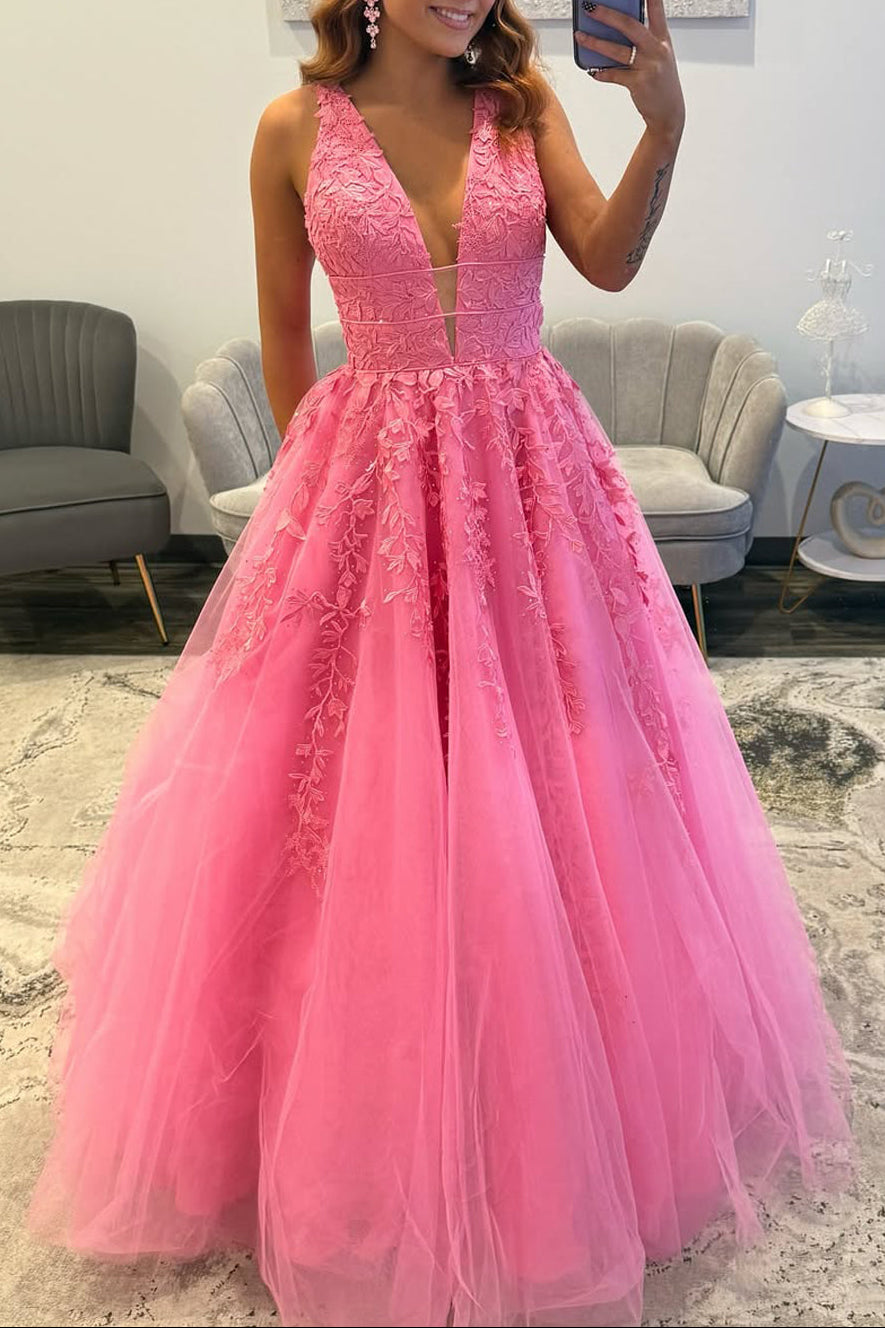 Charming A Line V Neck Pink Tulle Prom Dress with Appliques