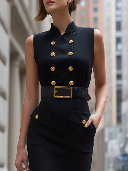 Sleeveless Black Belted Pencil Dress With Gold Buttons