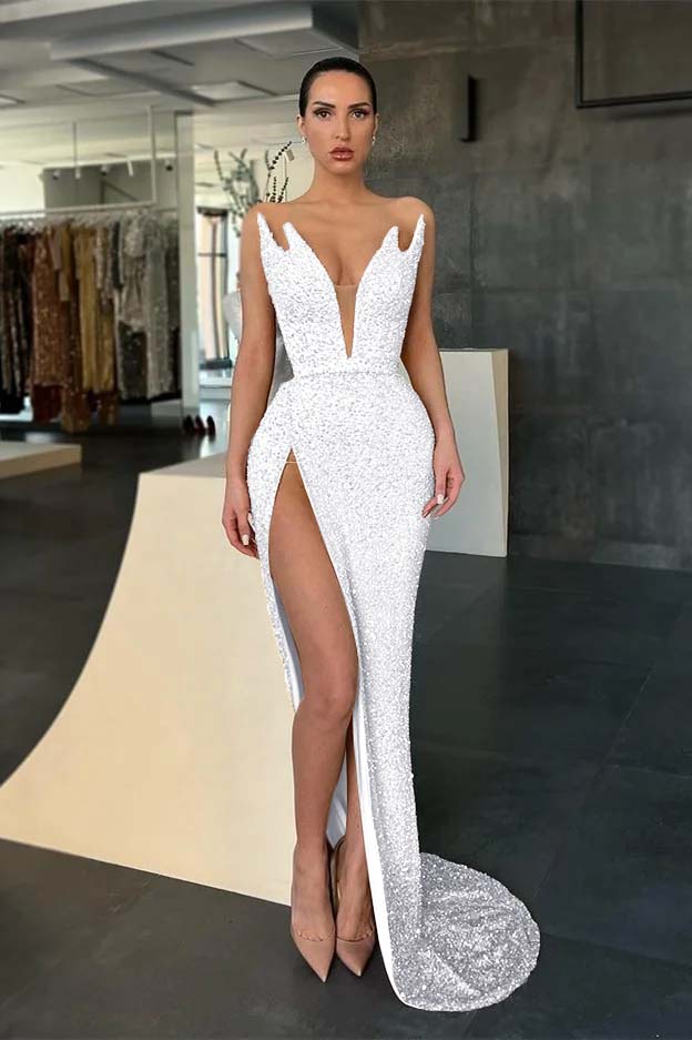 Sleeveless Strapless Evening Dress Sequins Mermaid With Split