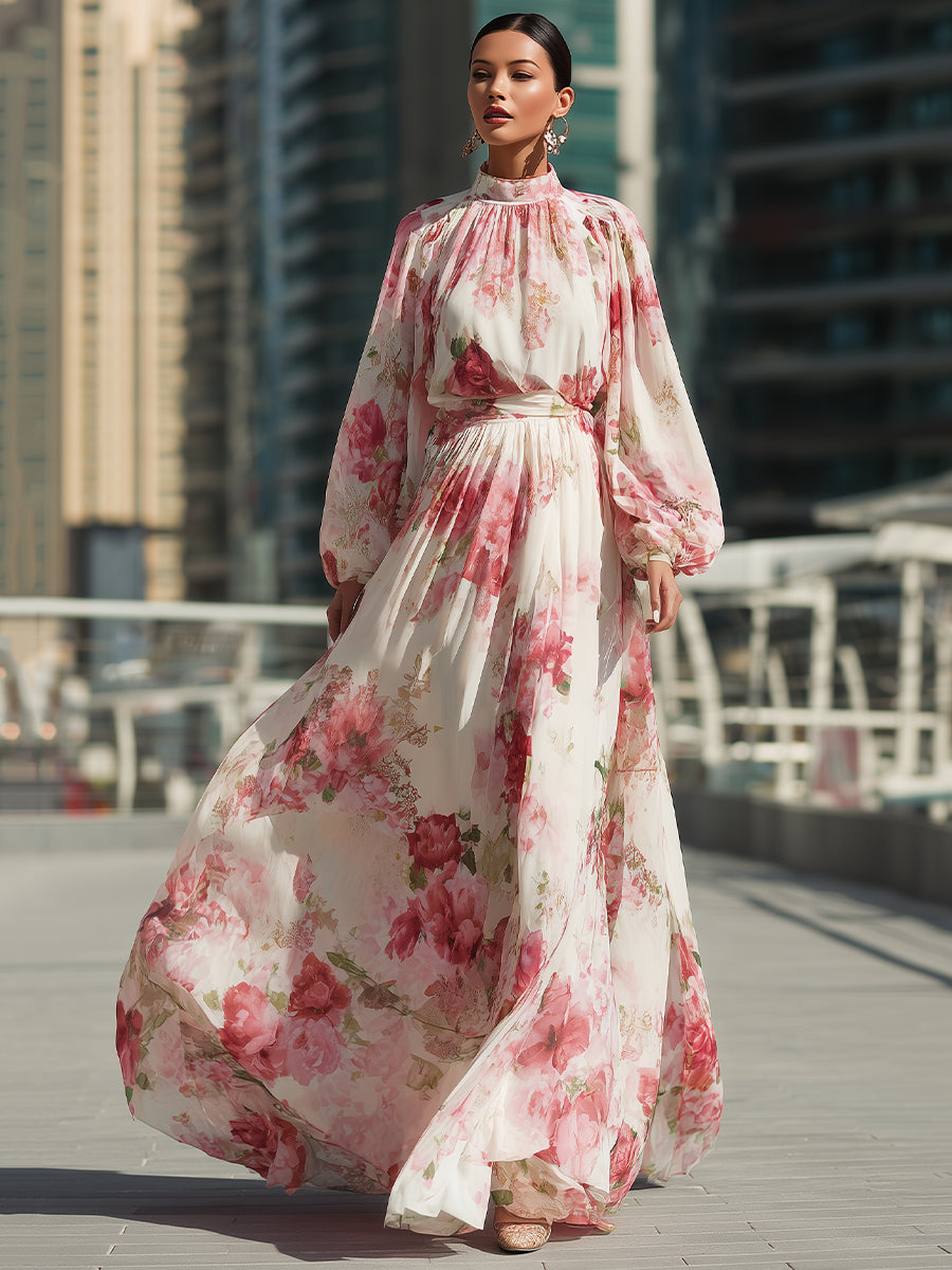 Elegant Floral Chiffon Maxi Gown