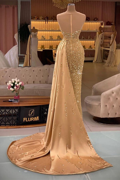 Gorgeous Gold Sweetheart Sleeveless Mermaid Evening Dress Ruffles With Rhinestone Beading