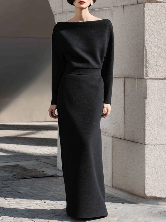 VOS LEE Elegant Black Boat Neck Long-Sleeve Maxi Dress