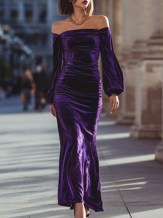 VOS LEE Off-Shoulder Purple Velvet Evening Gown