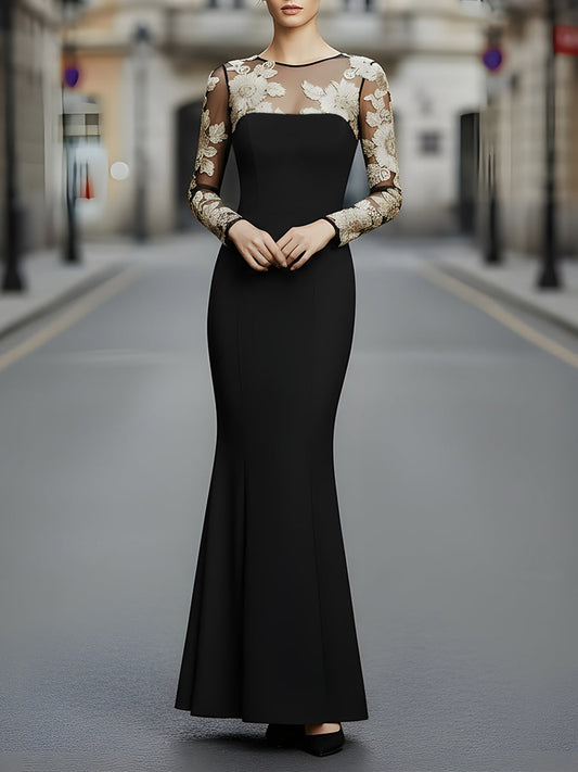 Black Embroidered Mesh Panel Evening Gown
