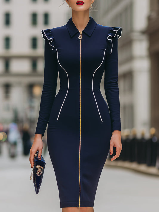 Elegant Navy Bodycon Dress With Ruffle Sleeves & Front Zip Detail