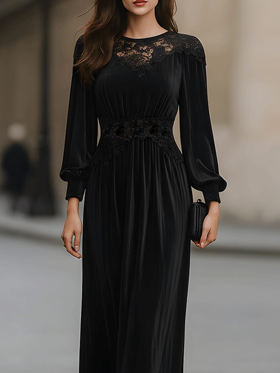 Black Long-Sleeve Lace Panel Midi Dress