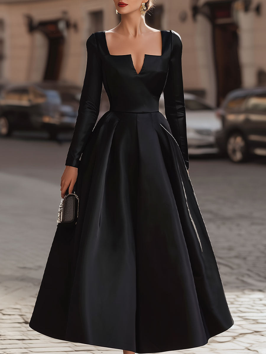 Fitted Bodice Black Long Gown With Volume