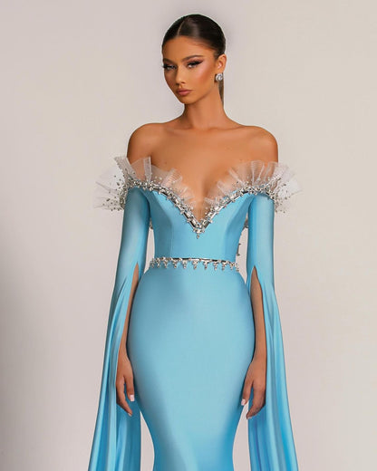 Baby Blue Evening Dress V Neck With Long Sleeves Tulle Beading